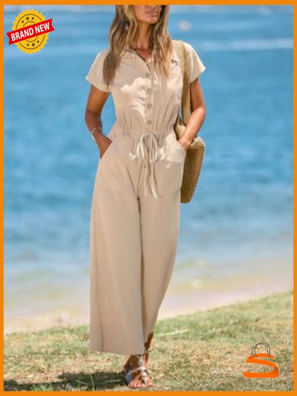 Wide Leg Jumpsuit with Pockets Short Sleeve Casual Vacation Outfit - Picture 5 of 7
